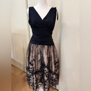 Dress Barn Black Bodice Taupe Skirt Cocktail Dress with Black Lace Overlay